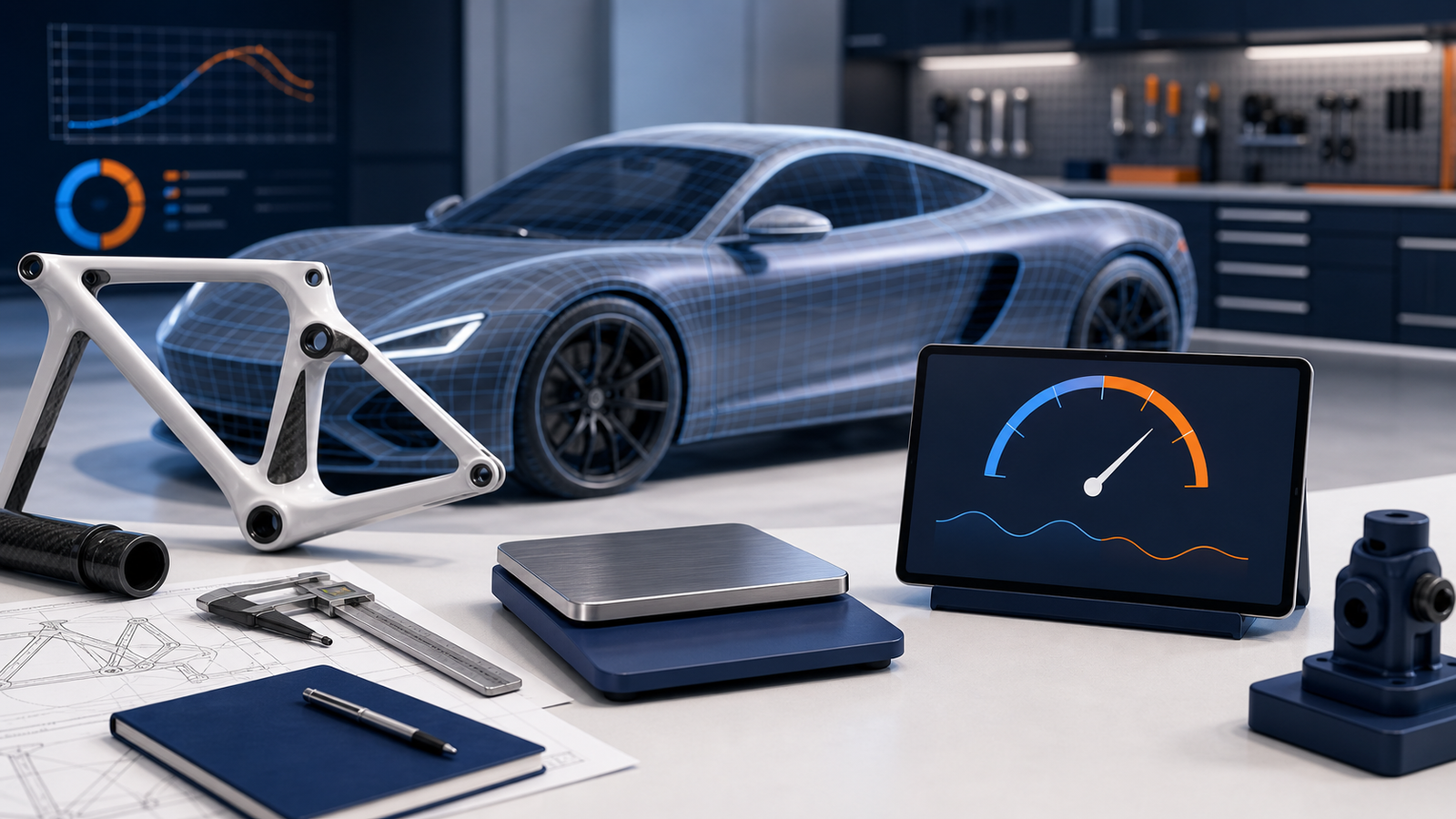 Illustration representing the Power to Mass Ratio Calculator.