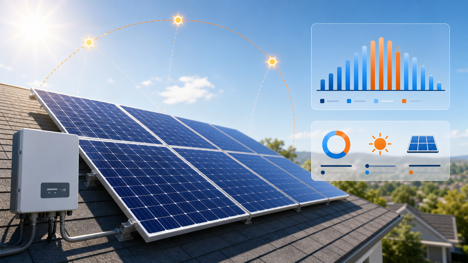 Illustration representing a solar PV array and production estimate workflow.
